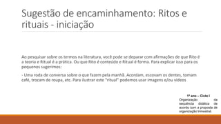 Sugestão de encaminhamento: Ritos e
rituais - iniciação
Ao pesquisar sobre os termos na literatura, você pode se deparar com afirmações de que Rito é
a teoria e Ritual é a prática. Ou que Rito é conteúdo e Ritual é forma. Para explicar isso para os
pequenos sugerimos:
- Uma roda de conversa sobre o que fazem pela manhã. Acordam, escovam os dentes, tomam
café, trocam de roupa, etc. Para ilustrar este “ritual” podemos usar imagens e/ou vídeos
1º ano – Ciclo I
Organização da
sequência didática de
acordo com a proposta de
organização trimestral.
 