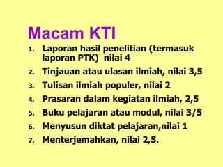 Macam KTI Laporan hasil penelitian (termasuk laporan PTK)  nilai 4 Tinjauan atau ulasan ilmiah, nilai 3,5 Tulisan ilmiah populer, nilai 2 Prasaran dalam kegiatan ilmiah, 2,5 Buku pelajaran atau modul, nilai 3/5 Menyusun diktat pelajaran,nilai 1 Menterjemahkan, nilai 2,5.  