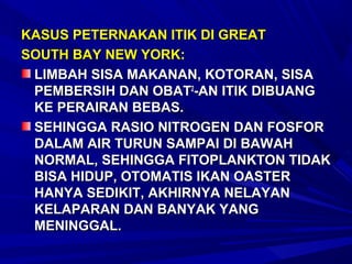 KASUS PETERNAKAN ITIK DI GREAT
SOUTH BAY NEW YORK:
 LIMBAH SISA MAKANAN, KOTORAN, SISA
 PEMBERSIH DAN OBAT2-AN ITIK DIBUANG
 KE PERAIRAN BEBAS.
 SEHINGGA RASIO NITROGEN DAN FOSFOR
 DALAM AIR TURUN SAMPAI DI BAWAH
 NORMAL, SEHINGGA FITOPLANKTON TIDAK
 BISA HIDUP, OTOMATIS IKAN OASTER
 HANYA SEDIKIT, AKHIRNYA NELAYAN
 KELAPARAN DAN BANYAK YANG
 MENINGGAL.
 