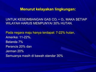 Menurut kelayakan lingkungan:

UNTUK KESEIMBANGAN GAS CO2 + O2, MAKA SETIAP
WILAYAH HARUS MEMPUNYAI 30% HUTAN.

Pada negara maju hanya terdapat: 7-22% hutan,
Amerika: 11-22%,
Belanda 7%
Perancis 20% dan
Jerman 20%
Semuanya masih di bawah standar 30%
 