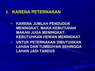 2. KARENA PETERNAKAN

 – KARENA JUMLAH PENDUDUK
   MENINGKAT, MAKA KEBUTUHAN
   MAKAN JUGA MENINGKAT:
   KEBUTUHKAN HEWAN MENINGKAT
 – UNTUK PETERNAKAN DIBUTUHKAN
   LAHAN DAN TUMBUH2AN SEHINGGA
   LAHAN JADI TANDUS
 