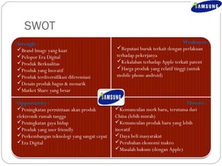 SWOT 
Strengh : 
Brand Image yang kuat 
Pelopor Era Digital 
Produk Berkualitas 
Produk yang Inovatif 
Produk terdiversifikasi diferensiasi 
Desain produk bagus & menarik 
Market Share yang besar 
Weakness : 
Reputasi buruk terkait dengan perlakuan 
terhadap pekerjanya 
Kekalahan terhadap Apple terkait patent 
Harga produk yang relatif tinggi (untuk 
mobile phone android) 
Opportunity : 
Peningkatan permintaan akan produk 
elektronik rumah tangga 
Peningkatan gaya hidup 
Produk yang user friendly 
Perkembangan teknologi yang sangat cepat 
Era Digital 
Threats : 
Kemunculan merk baru, terutama dari 
China (lebih murah) 
Kemunculan produk baru yang lebih 
inovatif 
Daya beli masyarakat 
Perubahan ekonomi makro 
Masalah hukum (dengan Apple) 
 