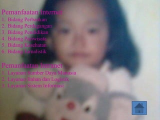 Pemanfaatan Internet
1.   Bidang Perbankan
2.   Bidang Perdagangan
3.   Bidang Pendidikan
4.   Bidang Pariwisata
5.   Bidang Kesehatan
6.   Bidang Jurnalistik

Pemanfaatan Intranet
1. Layanan Sumber Daya Manusia
2. Layanan Bahan dan Logistik
3. Layanan Sistem Informasi
 