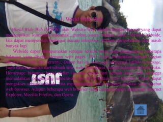 1. World Wide Web
    World Wide Web (WWW) atau Website/Web adalah fasilitas internet yang dapat
menampilkan kumpulan informasi, gambar, suara, bahkan video. Melalui webside,
kita dapat memperoleh baebagai macam informasi, hiburan, pengetahuan, dan masih
banyak lagi.
    Webside dapat diumpamakan sebagai sebuah buku yang mengandung beberapa
halaman yang disebut dengan web pages. Web Pages merupakan sebuah bagian
khusus dari web side tertentu, Dalam hal ini, kita juga mengenal istilah homepage,
yaitu halaman muka dari sebuah situs web, atau ibarat sampul halaman sebuah buku.
Homepage biasanya berisi daftar isi atau menu dari sebuah situs web sehingga
memudahkan pengunjung menelusuri apa isi di dalam web tersebut. Untuk dapat
mengakses sebuah webside, kita membutuhkan suatu program aplikasi yang disebut
web browser. Adapun beberapa web browser yang cukup populer, antara lain Internet
Explorer, Mozilla Firefox, dan Opera.
 