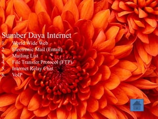 Sumber Daya Internet
1.   World Wide Web
2.   Electronic Mail (Email)
3.   Mailing List
4.   File Transfer Protocol (FTP)
5.   Internet Relay Chat
6.   VoIP
 