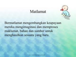 Matlamat
Bermatlamat mengembangkan keupayaan
mereka mengimaginasi dan memproses
maklumat, bahan dan sumber untuk
menghasilkan sesuatu yang baru.
 