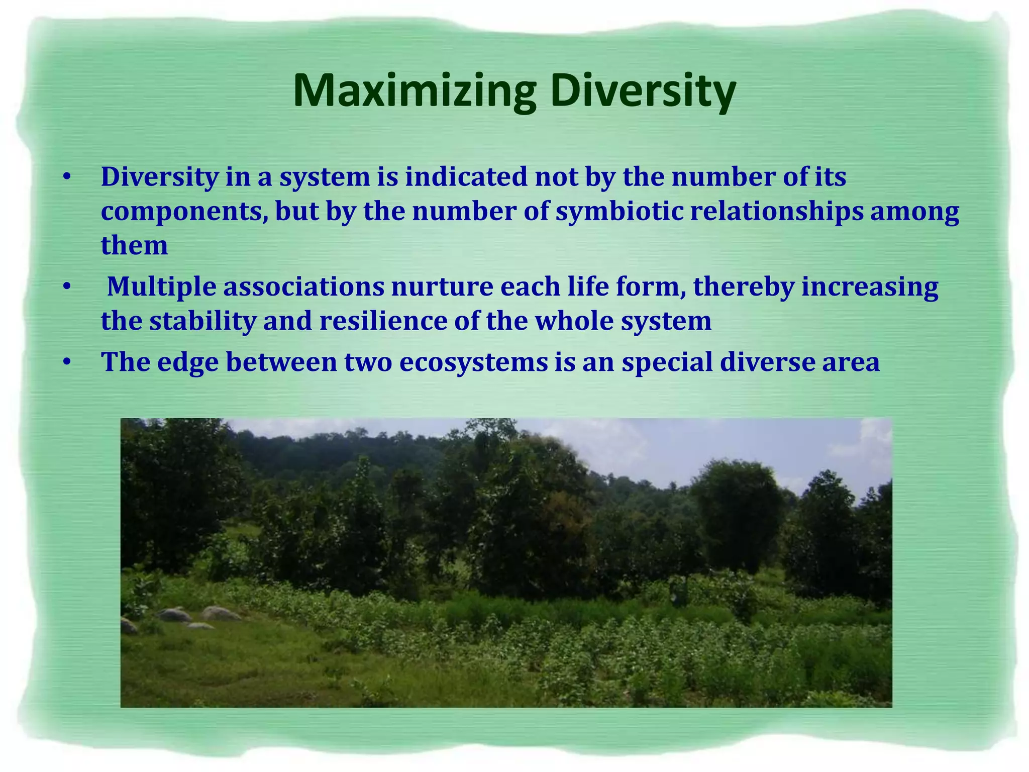 Maximizing Diversity
• Diversity in a system is indicated not by the number of its
components, but by the number of symbiotic relationships among
them
• Multiple associations nurture each life form, thereby increasing
the stability and resilience of the whole system
• The edge between two ecosystems is an special diverse area
 