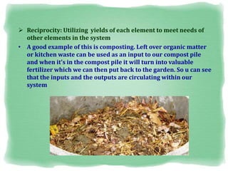  Reciprocity: Utilizing yields of each element to meet needs of
other elements in the system
• A good example of this is composting. Left over organic matter
or kitchen waste can be used as an input to our compost pile
and when it's in the compost pile it will turn into valuable
fertilizer which we can then put back to the garden. So u can see
that the inputs and the outputs are circulating within our
system
 