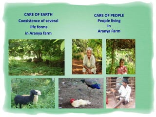 CARE OF EARTH
Coexistence of several
life forms
in Aranya farm
CARE OF PEOPLE
People living
in
Aranya Farm
 
