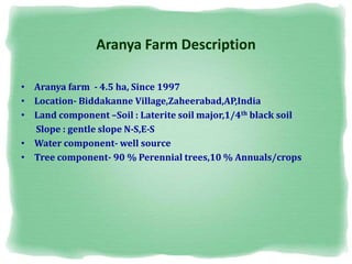 Aranya Farm Description
• Aranya farm - 4.5 ha, Since 1997
• Location- Biddakanne Village,Zaheerabad,AP,India
• Land component –Soil : Laterite soil major,1/4th black soil
Slope : gentle slope N-S,E-S
• Water component- well source
• Tree component- 90 % Perennial trees,10 % Annuals/crops
 