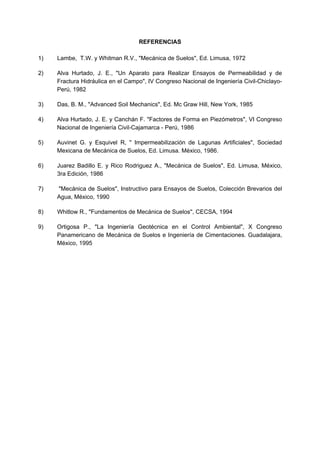 REFERENCIAS
1) Lambe, T.W. y Whitman R.V., "Mecánica de Suelos", Ed. Limusa, 1972
2) Alva Hurtado, J. E., "Un Aparato para Realizar Ensayos de Permeabilidad y de
Fractura Hidráulica en el Campo", IV Congreso Nacional de Ingeniería Civil-Chiclayo-
Perú, 1982
3) Das, B. M., "Advanced Soil Mechanics", Ed. Mc Graw Hill, New York, 1985
4) Alva Hurtado, J. E. y Canchán F. "Factores de Forma en Piezómetros", VI Congreso
Nacional de Ingeniería Civil-Cajamarca - Perú, 1986
5) Auvinet G. y Esquivel R, " Impermeabilización de Lagunas Artificiales", Sociedad
Mexicana de Mecánica de Suelos, Ed. Limusa. México, 1986.
6) Juarez Badillo E. y Rico Rodriguez A., "Mecánica de Suelos", Ed. Limusa, México,
3ra Edición, 1986
7) "Mecánica de Suelos", Instructivo para Ensayos de Suelos, Colección Brevarios del
Agua, México, 1990
8) Whitlow R., "Fundamentos de Mecánica de Suelos'', CECSA, 1994
9) Ortigosa P., "La Ingeniería Geotécnica en el Control Ambiental", X Congreso
Panamericano de Mecánica de Suelos e Ingeniería de Cimentaciones. Guadalajara,
México, 1995
 
