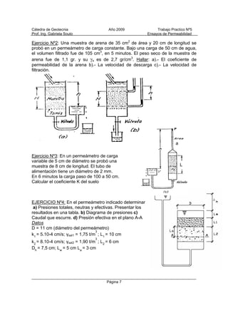 Cátedra de Geotecnia Año 2009 Trabajo Practico Nº5
Prof. Ing. Gabriela Souto Ensayos de Permeabilidad
Página 7
Ejercicio Nº2: Una muestra de arena de 35 cm2
de área y 20 cm de longitud se
probó en un permeámetro de carga constante. Bajo una carga de 50 cm de agua,
el volumen filtrado fue de 105 cm3
, en 5 minutos. El peso seco de la muestra de
arena fue de 1,1 gr. y su s es de 2,7 gr/cm3
. Hallar: a).- El coeficiente de
permeabilidad de la arena b).- La velocidad de descarga c).- La velocidad de
filtración.
Ejercicio Nº3: En un permeámetro de carga
variable de 5 cm de diámetro se probó una
muestra de 8 cm de longitud. El tubo de
alimentación tiene un diámetro de 2 mm.
En 6 minutos la carga paso de 100 a 50 cm.
Calcular el coeficiente K del suelo
EJERCICIO Nº4: En el permeámetro indicado determinar
a) Presiones totales, neutras y efectivas. Presentar los
resultados en una tabla. b) Diagrama de presiones c)
Caudal que escurre. d) Presión efectiva en el plano A-A
Datos
D = 11 cm (diámetro del permeámetro)
k1
= 5.10-4 cm/s; γsat1 = 1,75 t/m
3
; L1
= 10 cm
k2
= 8.10-4 cm/s; γsat2 = 1,90 t/m
3
; L2
= 6 cm
Dh
= 7,5 cm; Lw
= 5 cm La
= 3 cm
a
L
 