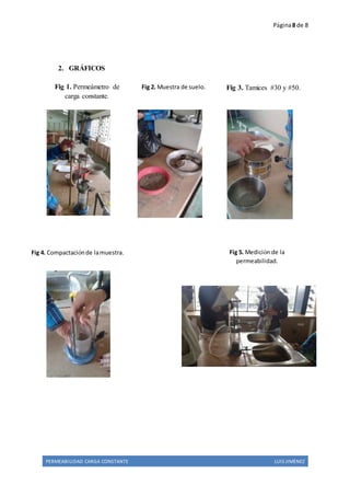 Página8 de 8
PERMEABILIDAD CARGA CONSTANTE LUIS JIMÈNEZ
2. GRÁFICOS
Fig 1. Permeámetro de
carga constante.
Fig 3. Tamices #30 y #50.
Fig 2. Horno
Fig 2. Muestra de suelo.
Fig 4. Compactaciónde lamuestra. Fig 5. Medición de la
permeabilidad.
 