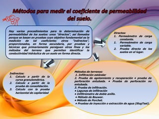 Hay varios procedimientos para la determinación de
permeabilidad de los suelos: unos "directos", así llamados
porque se basan en pruebas cuyo objetivo fundamental es la
medición de tal coeficiente; otros "indirectos",
proporcionados, en forma secundaria, por pruebas y
técnicas que primariamente persiguen otros fines y los
métodos del terreno que permiten identificar la
conductividad hidráulica de un suelo en forma directa.
Directos:
1. Permeámetro de carga
constante.
1. Permeámetro de carga
variable.
2. Prueba directa de los
suelos en el lugar.
Indirectos:
1. Calculo a partir de la
curva granulométrica.
2. Calculo a partir de la
prueba de consolidación.
3. Calculo con la prueba
horizontal de capilaridad.
Métodos de terrenos:
1. Infiltración estándar
2. Prueba de agotamiento y recuperación • prueba de
perforación entubada. • Prueba de perforación no
entubada.
3. Prueba de infiltración.
• Lagunas de infiltración
• Infiltrómetro de doble anillo.
• Método de Bouwer.
• Método de Porchet.
• Pruebas de inyección o extracción de agua (SlugTest).
 
