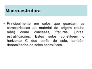 Macro-estrutura
• Principalmente em solos que guardam as
características do material de origem (rocha
mãe) como diaclases, fraturas, juntas,
estratificações. Estes solos constituem o
horizonte C dos perfis de solo, também
denominados de solos saprolíticos.
 
