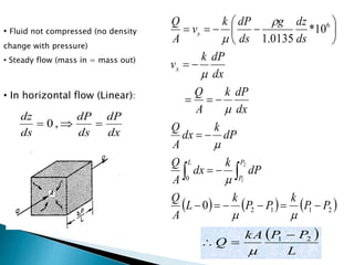     
  
   
0 
6 
k dP 
 
k dP 
k dP 
Q 
g dz 
  
  
 
 
 0 
     
2 1 1 2 *10 
1.0135 
2 
1 
P P 
k 
P P 
k 
L 
Q 
Q 
Q 
Q 
A 
dP 
k 
dx 
A 
dP 
k 
dx 
A 
dx 
A 
dx 
v 
ds 
ds 
v 
A 
P 
P 
L 
x 
s 
      
 
 
 
 
  
  
 
 
 
 
 
• Fluid not compressed (no density 
change with pressure) 
• Steady flow (mass in = mass out) 
• In horizontal flow (Linear): 
dP 
dx 
dP 
ds 
dz 
ds 
 0 ,   
  
kA P P 
Q 1 2  
  
L 
 
 