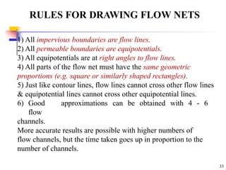 RULES FOR DRAWING FLOW NETS
33
1) All impervious boundaries are flow lines.
2) All permeable boundaries are equipotentials.
3) All equipotentials are at right angles to flow lines.
4) All parts of the flow net must have the same geometric
proportions (e.g. square or similarly shaped rectangles).
5) Just like contour lines, flow lines cannot cross other flow lines
& equipotential lines cannot cross other equipotential lines.
6) Good approximations can be obtained with 4 - 6
flow
channels.
More accurate results are possible with higher numbers of
flow channels, but the time taken goes up in proportion to the
number of channels.
 