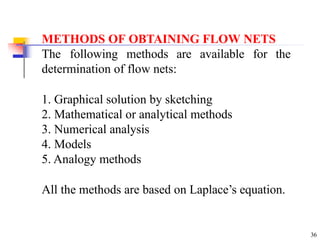 METHODS OF OBTAINING FLOW NETS
The following methods are available for the
determination of flow nets:
1. Graphical solution by sketching
2. Mathematical or analytical methods
3. Numerical analysis
4. Models
5. Analogy methods
All the methods are based on Laplace’s equation.
36
 