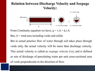 Relation between Discharge Velocity and Seepage
Velocity:
From Continuity equation we have, q = v.A = k.i.A
But, A = total area including voids and solids
But in actual practice flow of water through soil takes place through
voids only, the actual velocity will be more than discharge velocity.
This actual velocity is called as seepage velocity (vs), and is defined
as rate of discharge of percolating water per unit cross-sectional area
of voids perpendicular to the direction of flow.
L
 