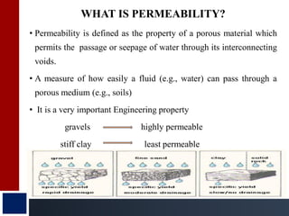 WHAT IS PERMEABILITY?
• Permeability is defined as the property of a porous material which
permits the passage or seepage of water through its interconnecting
voids.
• A measure of how easily a fluid (e.g., water) can pass through a
porous medium (e.g., soils)
• It is a very important Engineering property
gravels highly permeable
stiff clay least permeable
 