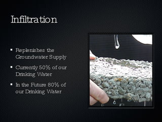 Infiltration Replenishes the Groundwater Supply Currently 50% of our Drinking Water In the Future 80% of our Drinking Water 