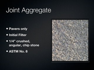 Setting Bed Aggregate

• Used in all systems
• Smooth Leveling
 Course
• No Sand
• ASTM No. 8
 