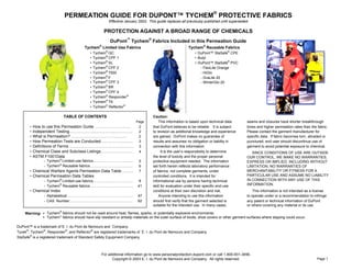 PERMEATION GUIDE FOR DUPONT™ TYCHEM® PROTECTIVE FABRICS
                                                         Effective January 2003. This guide replaces all previously published until superseded.

                                                    PROTECTION AGAINST A BROAD RANGE OF CHEMICALS
                                                         DuPont™ Tychem® Fabrics Included in this Permeation Guide
                                        Tychem® Limited Use Fabrics                                      Tychem® Reusable Fabrics
                                                     ®
                                           •   Tychem QC                                                     • DuPont™ StaSafe® CPE
                                           •   Tychem® CPF 1                                                 • Butyl
                                           •   Tychem® SL                                                    • DuPont™ StaSafe® PVC
                                           •   Tychem® CPF 2                                                    - FlexLite Orange
                                           •   Tychem® 7500                                                     - HiGlo
                                           •   Tychem® F                                                        - GraLite 20
                                           •   Tychem® CPF 3                                                    - WinterGlo 20
                                           •   Tychem® BR
                                           •   Tychem® CPF 4
                                           •   Tychem® Responder®
                                           •   Tychem® TK
                                           •   Tychem® Reflector®

                           TABLE OF CONTENTS                        Caution:
                                                                        This information is based upon technical data
                                                                         Page                                                                seams and closures have shorter breakthrough
       •   How to use this Permeation Guide …….….….…………       2     that DuPont believes to be reliable. It is subject                       times and higher permeation rates than the fabric.
       •   Independent Testing……………….....………....…………… 2             to revision as additional knowledge and experience                       Please contact the garment manufacturer for
       •   What is Permeation? …………………….………..……               2     are gained. DuPont makes no guarantee of                                 specific data. If fabric becomes torn, abraded or
       •   How Permeation Tests are Conducted……………………………… results and assumes no obligation or liability in
                                                              3                                                                              punctured, end user should discontinue use of
       •   Definitions of Terms …………………………………………………           3     connection with this information.                                        garment to avoid potential exposure to chemical.
       •   Chemical Class and Subclass Listings………………………………   4           It is the user’s responsibility to determine                          SINCE CONDITIONS OF USE ARE OUTSIDE
       •   ASTM F1001Data                                           the level of toxicity and the proper personal                            OUR CONTROL, WE MAKE NO WARRANTIES,
                           ®
                  - Tychem Limited-use fabrics…………………………………   5     protective equipment needed. The information                             EXPRESS OR IMPLIED, INCLUDING WITHOUT
                           ®
                  - Tychem Reusable fabrics …………………….…………….....
                                                              6     set forth herein reflects laboratory performance                         LIMITATION, NO WARRANTIES OF
       •   Chemical Warfare Agents Permeation Data Table……….… 7     of fabrics, not complete garments, under                                 MERCHANTABILITY OR FITNESS FOR A
       •   Chemical Permeation Data Tables                          controlled conditions. It is intended for                                PARTICULAR USE AND ASSUME NO LIABILITY
                  - Tychem® Limited-use fabrics…………………………………  8     informational use by persons having technical                            IN CONNECTION WITH ANY USE OF THIS
                  - Tychem® Reusable fabrics ……...………………………………..... skill for evaluation under their specific end-use
                                                             41                                                                              INFORMATION.
       •   Chemical Index                                           conditions at their own discretion and risk.                                This information is not intended as a license
                  - Alphabetical ………………………………………….……………………. Anyone intending to use this information
                                                             47                                                                              to operate under or a recommendation to infringe
                  - CAS Number………………………………...…………….….        62     should first verify that the garment selected is                         any patent or technical information of DuPont
                                                                    suitable for the intended use. In many cases,                            or others covering any material or its use.
                     ®
    Warning: • Tychem fabrics should not be used around heat, flames, sparks, or potentially explosive environments.
             • Tychem® fabrics should have slip resistant or antislip materials on the outer surface of boots, shoe covers or other garment surfaces where slipping could occur.

DuPont™ is a trademark of E. I. du Pont de Nemours and Company.
Tyvek®, Tychem®, Responder®, and Reflector® are registered trademarks of E. I. du Pont de Nemours and Company.
StaSafe® is a registered trademark of Standard Safety Equipment Company.



                                                   For additional information go to www.personalprotection.dupont.com or call 1-800-931-3456.
                                                         Copyright © 2003 E. I. du Pont de Nemours and Company. All rights reserved.                                                    Page 1
 