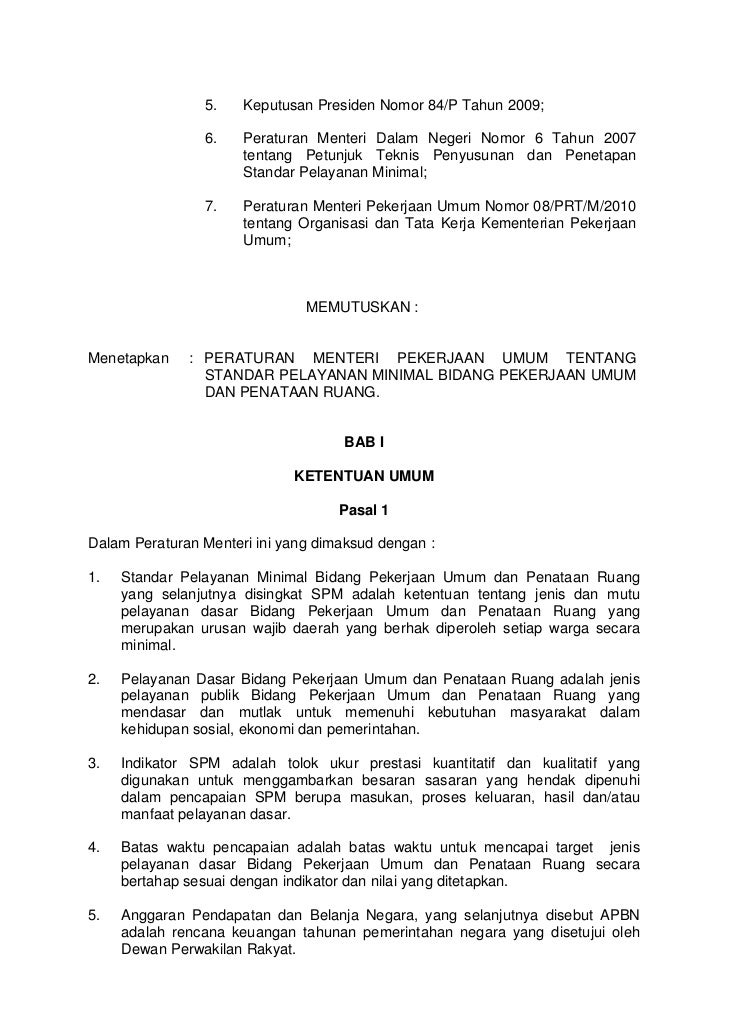 Permen PU No. 14 Tahun 2010 tentang Standar Pelayanan Minimal