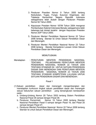 2
3. Peraturan Presiden Nomor 9 Tahun 2005 tentang
Kedudukan, Tugas, Fungsi, Susunan Organisasi, dan
Tatakerja Kementrian Negara Republik Indonesia
sebagaimana telah diubah dengan Peraturan Presiden
Nomor 62 Tahun 2005;
4. Keputusan Presiden Nomor 187/M Tahun 2004 mengenai
Pembentukan Kabinet Indonesia Bersatu sebagaimana telah
beberapa kali diubah terakhir dengan Keputusan Presiden
Nomor 20/P Tahun 2005;
5. Peraturan Menteri Pendidikan Nasional Nomor 22 Tahun
2006 tentang Standar Isi Untuk Satuan Pendidikan Dasar
dan Menengah;
6. Peraturan Menteri Pendidikan Nasional Nomor 23 Tahun
2006 tentang Standar Kompetensi Lulusan Untuk Satuan
Pendidikan Dasar dan Menengah;
MEMUTUSKAN:
Menetapkan : PERATURAN MENTERI PENDIDIKAN NASIONAL
TENTANG PELAKSANAAN PERATURAN MENTERI
PENDIDIKAN NASIONAL NOMOR 22 TAHUN 2006
TENTANG STANDAR ISI UNTUK SATUAN PENDIDIKAN
DASAR DAN MENENGAH DAN PERATURAN MENTERI
PENDIDIKAN NASIONAL NOMOR 23 TAHUN 2006
TENTANG STANDAR KOMPETENSI LULUSAN UNTUK
SATUAN PENDIDIKAN DASAR DAN MENENGAH.
Pasal 1
(1) Satuan pendidikan dasar dan menengah mengembangkan dan
menetapkan kurikulum tingkat satuan pendidikan dasar dan menengah
sesuai kebutuhan satuan pendidikan yang bersangkutan berdasarkan
pada :
a. Undang-Undang Nomor 20 Tahun 2003 tentang Sistem Pendidikan
Nasional Pasal 36 sampai dengan Pasal 38;
b. Peraturan Pemerintah Nomor 19 Tahun 2005 tentang Standar
Nasional Pendidikan Pasal 5 sampai dengan Pasal 18, dan Pasal 25
sampai dengan Pasal 27;
c. Peraturan Menteri Pendidikan Nasional Nomor 22 Tahun 2006 tentang
Standar Isi untuk Satuan Pendidikan Dasar dan Menengah;
 