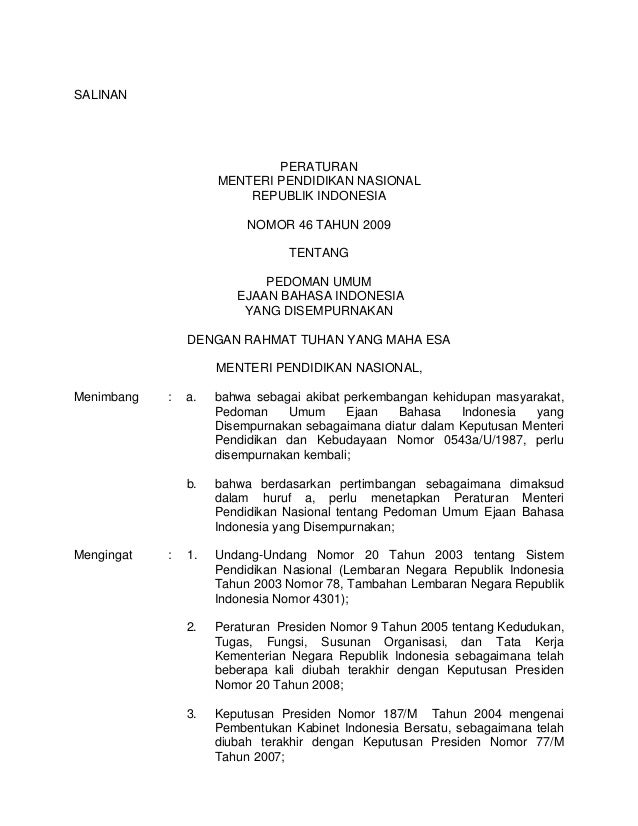 Peraturan Menteri Pendidikan Nasional Republik Indonesia Nomor 46 Tah