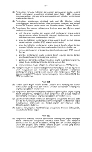 - 52 -
(1) Pengendalian terhadap kebijakan perencanaan pembangunan jangka panjang
daerah antarprovinsi sebagaimana dimaksud dalam Pasal 159, mencakup
perumusan visi dan misi serta serta sasaran pokok arah kebijakan pembangunan
jangka panjang daerah.
(2) Pengendalian sebagaimana dimaksud pada ayat (1), dilakukan melalui
pemantauan dan supervisi mulai dari tahap penyusunan rancangan awal sampai
dengan RPJPD provinsi masing-masing yang ditetapkan dengan Peraturan Daerah.
(3) Pemantauan dan supervisi sebagaimana dimaksud pada ayat (2),harus dapat
menjamin perumusan:
a. visi, misi, arah, kebijakan dan sasaran pokok pembangunan jangka panjang
daerah provinsi, selaras dengan visi, misi, arah, kebijakan dan dan sasaran
pokok pembangunan jangka panjang nasional;
b. arah dan kebijakan pembangunan jangka panjang daerah provinsi, selaras
dengan arah dan kebijakan RTRW provinsi masing-masing;
c. arah dan kebijakan pembangunan jangka panjang daerah, selaras dengan
arah dan kebijakan pembangunan jangka panjang daerah provinsi lainnya
d. rencana pembangunan jangka panjang daerah, selaras dengan RTRW provinsi
lainnya;
e. prioritas pembangunan jangka panjang daerah provinsi, selaras dengan
prioritas pembangunan jangka panjang nasional;
f. pentahapan dan jangka waktu pembangunan jangka panjang daerah provinsi,
sesuai dengan pembangunan jangka panjang nasional; dan
g. dilakukan sesuai dengan tahapan dan tata cara penyusunan RPJPD provinsi.
(4) Hasil pemantauan dan supervisi sebagaimana dimaksud pada ayat (3), digunakan
untuk mengevaluasi dan memastikan perumusan kebijakan perencanaan
pembangunan jangka panjang daerah provinsi, telah mengacu pada RPJPN dan
berpedoman pada RTRW provinsi masing-masing, serta memperhatikan RPJPD dan
RTRW provinsi lainnya.
Pasal 161Pasal 161Pasal 161Pasal 161
(1) Menteri Dalam Negeri melalui Direktur Jenderal Bina Pembangunan Daerah
melaksanakan pengendalian dan evaluasi kebijakan perencanaan pembangunan
jangka panjang daerah antarprovinsi.
(2) Pengendalian dan evaluasi kebijakan perencanaan pembangunan jangka panjang
daerah antarprovinsi, menggunakan hasil pengendalian dan evaluasi kebijakan
perencanaan pembangunan jangka panjang daerah provinsi berkenaan.
(3) Dalam hal evaluasi hasil pemantauan dan supervisi sebagaimana dimaksud pada
ayat (1), ditemukan adanya ketidaksesuaian/penyimpangan, Menteri Dalam Negeri
menyampaikan rekomendasi dan langkah-langkah penyempurnaan untuk
ditindaklanjuti oleh Gubernur.
(4) Gubernur menyampaikan hasil tindaklanjut sebagaimana dimaksud pada ayat (3),
kepada Menteri Dalam Negeri.
Pasal 162Pasal 162Pasal 162Pasal 162
(1) Pengendalian terhadap kebijakan perencanaan pembangunan jangka menengah
daerah antarprovinsi sebagaimana dimaksud dalam Pasal 159 mencakup
perumusan visi, misi, tujuan dan sasaran, strategi dan arah kebijakan, kebijakan
umum dan program, serta indikasi rencana program prioritas yang disertai
kebutuhan pendanaan, dan indikator kinerja daerah.
 