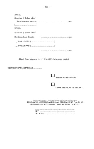 - 223 -
HASIL
Standar / Tolak ukur
1. Berdasarkan desain : ......................................... mm
(.................................)
HASIL
Standar / Tolak ukur
Berdasarkan desain : ......................................... mm
1 / 888 x SPAN (....................................)
1 / 600 x SPAN (....................................)
: ......................................... mm
(Hasil Pengukuran) >/<** (Hasil Perhitungan maks)
KETERANGAN : STANDAR ………….
MEMENUHI SYARAT
TIDAK MEMENUHI SYARAT
......................, ................................................
PENGAWAS KETENAGAKERJAAN SPESIALIS K3 / AHLI K3
BIDANG PESAWAT ANGKAT DAN PESAWAT ANGKUT
.................................................................
NIP. .........................................................
No. REG...................................................
 