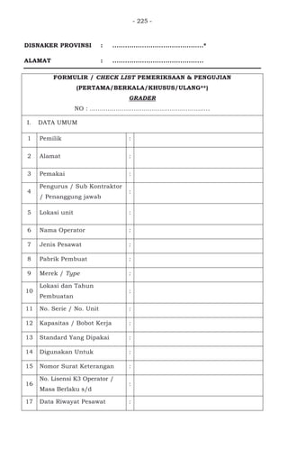 - 225 -
DISNAKER PROVINSI : ...........................................*
ALAMAT : ...........................................
FORMULIR / CHECK LIST PEMERIKSAAN & PENGUJIAN
(PERTAMA/BERKALA/KHUSUS/ULANG**)
GRADER
NO : ............................................................
I. DATA UMUM
1 Pemilik : PT. Sigit Putra Agung
2 Alamat :
Jl. Raya Tlk. Jambe Timur No.7, Teluk
Jambe,
3 Pemakai : PT. Sigit Putra Agung
4
Pengurus / Sub Kontraktor
/ Penanggung jawab
: -
5 Lokasi unit :
Proyek pembangunan SPBU Rest Area
KM 57 Tol Cikampek
6 Nama Operator : -
7 Jenis Pesawat : Motor Grader
8 Pabrik Pembuat : Komatsu Ltd
9 Merek / Type : Komatsu GD510R-1
10
Lokasi dan Tahun
Pembuatan
: Japan / -
11 No. Serie / No. Unit : 15466
12 Kapasitas / Bobot Kerja : 10.700 Kg
13 Standard Yang Dipakai :
14 Digunakan Untuk : Meratakan permukaan tanah
15 Nomor Surat Keterangan : -
16
No. Lisensi K3 Operator /
Masa Berlaku s/d
:
17 Data Riwayat Pesawat :
 