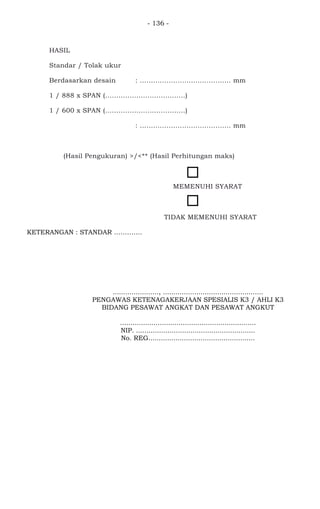 - 136 -
HASIL
Standar / Tolak ukur
Berdasarkan desain : ......................................... mm
1 / 888 x SPAN (....................................)
1 / 600 x SPAN (....................................)
: ......................................... mm
(Hasil Pengukuran) >/<** (Hasil Perhitungan maks)
........................... > ............................ MEMENUHI SYARAT
TIDAK MEMENUHI SYARAT
KETERANGAN : STANDAR ………….
......................, ................................................
PENGAWAS KETENAGAKERJAAN SPESIALIS K3 / AHLI K3
BIDANG PESAWAT ANGKAT DAN PESAWAT ANGKUT
.................................................................
NIP. .........................................................
No. REG...................................................
 