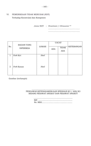 - 185 -
VI. PEMERIKSAAN TIDAK MERUSAK (NDT)
Terhadap Konstruksi dan Komponen
Jenis NDT : Penetrant / Ultrasonic **
..................................................
..................................................
No.
BAGIAN YANG
DIPERIKSA
LOKASI
CACAT
KETERANGAN
ADA
TIDAK
ADA
1 Fork Kiri Heel V Tidak
ditemukan
cacat pada
permukaan
2 Fork Kanan Heel V Tidak
ditemukan
cacat pada
Gambar (terlampir)
......................, ................................................
PENGAWAS KETENAGAKERJAAN SPESIALIS K3 / AHLI K3
BIDANG PESAWAT ANGKAT DAN PESAWAT ANGKUT
.................................................................
NIP. .........................................................
No. REG...................................................
 