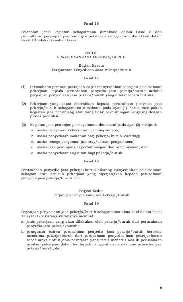 Permenakertrans no. 19 thn 2012 tentang outsourcing