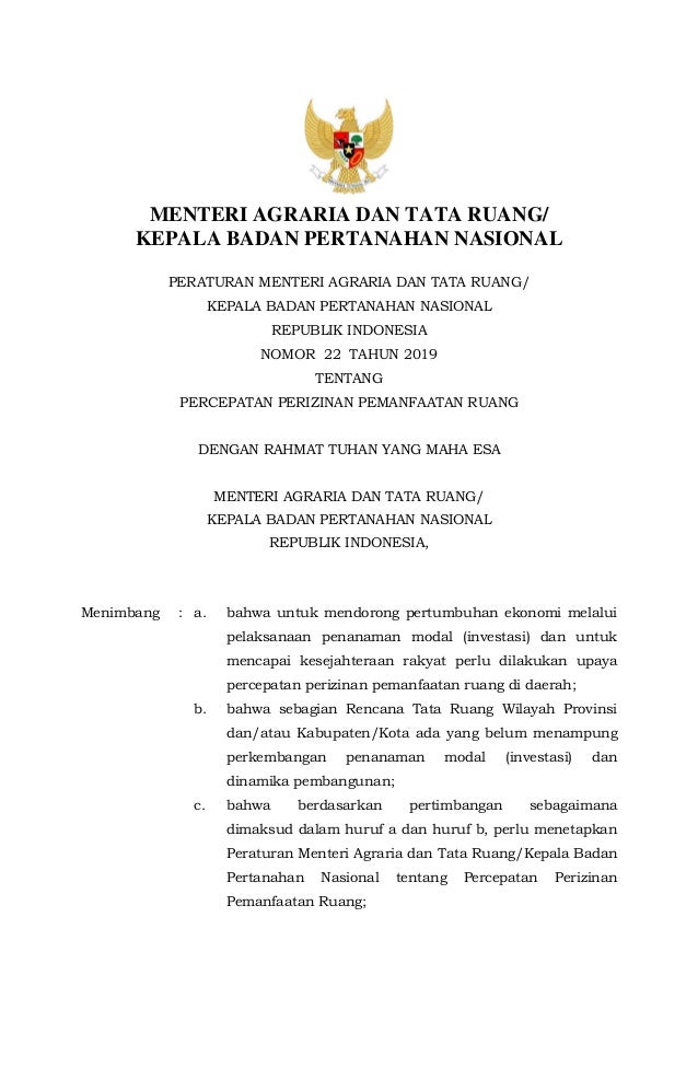 Permen Atr Bpn No 22 Tahun 2019 Tentang Percepatan Perizinan Pemanfaa