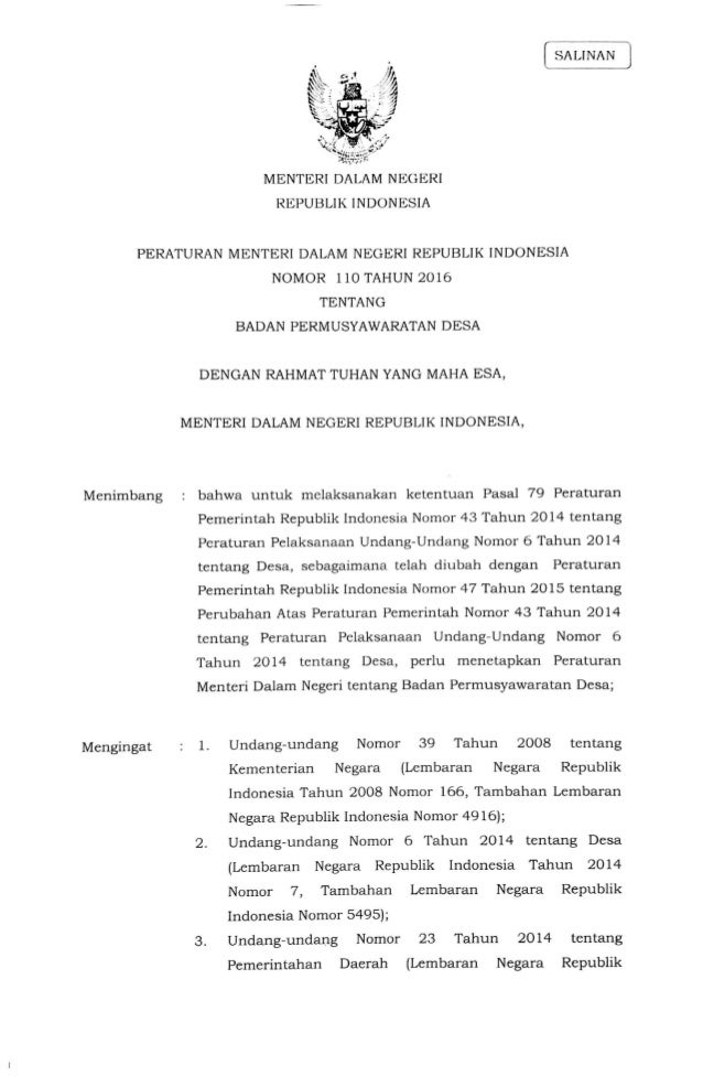 Permendagri no.110 tahun 2016