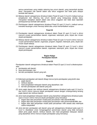 semua penerimaan uang melalui rekening kas umum daerah, yang menambah ekuitas
dana, merupakan hak daerah dalam satu tahun anggaran dan tidak perlu dibayar
kembali oleh daerah.
(2) Belanja daerah sebagaimana dimaksud dalam Pasal 22 ayat (1) huruf b meliputi semua
pengeluaran dari rekening kas umum daerah yang mengurangi ekuitas dana,
merupakan kewajiban daerah dalam satu tahun anggaran dan tidak akan diperoleh
pembayarannya kembali oleh daerah.
(3) Pembiayaan daerah sebagaimana dimaksud Pasal 22 ayat (1) huruf c meliputi semua
transaksi keuangan untuk menutup defisit atau untuk memanfaatkan surplus.
Pasal 24
(1) Pendapatan daerah sebagaimana dimaksud dalam Pasal 22 ayat (1) huruf a dirinci
menurut urusan pemerintahan daerah, organisasi, kelompok, jenis, obyek dan rincian
obyek pendapatan.
(2) Belanja daerah sebagaimana dimaksud dalam Pasal 22 ayat (1) huruf b dirinci menurut
urusan pemerintahan daerah, organisasi, program, kegiatan, kelompok, jenis, obyek dan
rincian obyek belanja.
(3) Pembiayaan daerah sebagaimana dimaksud dalam Pasal 22 ayat (1) huruf c dirinci
menurut urusan pemerintahan daerah, organisasi, kelompok, jenis, obyek dan rincian
obyek pembiayaan.
Bagian Ketiga
Pendapatan Daerah
Pasal 25
Pendapatan daerah sebagaimana dimaksud dalam Pasal 22 ayat (1) huruf a dikelompokan
atas:
a. pendapatan asli daerah;
b. dana perimbangan; dan
c. lain-lain pendapatan daerah yang sah.
Pasal 26
(1) Kelompok pendapatan asli daerah dibagi menurut jenis pendapatan yang terdiri atas:
a. pajak daerah;
b. retribusi daerah;
c. hasil pengelolaan kekayaan daerah yang dipisahkan; dan
d. lain-lain pendapatan asli daerah yang sah.
(2) Jenis pajak daerah dan retribusi daerah sebagaimana dimaksud pada ayat (1) huruf a
dan huruf b dirinci menurut obyek pendapatan sesuai dengan undangundang tentang
pajak daerah dan retribusi daerah.
(3) Jenis hasil pengelolaan kekayaan daerah yang dipisahkan sebagaimana dimaksud pada
ayat (1) huruf c dirinci menurut obyek pendapatan yang mencakup:
a. bagian laba atas penyertaan modal pada perusahaan milik daerah/BUMD;
b. bagian laba atas penyertaan modal pada perusahaan milik pemerintah/BUMN; dan
c. bagian laba atas penyertaan modal pada perusahaan milik swasta atau kelompok
usaha masyarakat.
(4) Jenis lain-lain pendapatan asli daerah yang sah sebagaimana dimaksud pada ayat (1)
huruf d, disediakan untuk menganggarkan penerimaan daerah yang tidak termasuk
dalam jenis pajak daerah, retribusi daerah, dan hasil pengelolaan kekayaan daerah
yang dipisahkan dirinci menurut obyek pendapatan yang mencakup:

16

 