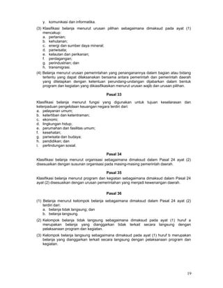 y. komunikasi dan informatika.
(3) Klasifikasi belanja menurut urusan pilihan sebagaimana dimaksud pada ayat (1)
mencakup:
a. pertanian;
b. kehutanan;
c. energi dan sumber daya mineral;
d. pariwisata;
e. kelautan dan perikanan;
f. perdagangan;
g. perindustrian; dan
h. transmigrasi.
(4) Belanja menurut urusan pemerintahan yang penanganannya dalam bagian atau bidang
tertentu yang dapat dilaksanakan bersama antara pemerintah dan pemerintah daerah
yang ditetapkan dengan ketentuan perundang-undangan dijabarkan dalam bentuk
program dan kegiatan yang dikiasifikasikan menurut urusan wajib dan urusan pilihan.
Pasal 33
Klasifikasi belanja menurut fungsi yang digunakan untuk tujuan keselarasan dan
keterpaduan pengelolaan keuangan negara terdiri dari:
a. pelayanan umum;
b. ketertiban dan ketentraman;
c. ekonomi;
d. lingkungan hidup;
e. perumahan dan fasilitas umum;
f. kesehatan;
g. pariwisata dan budaya;
h. pendidikan; dan
i. perlindungan sosial.
Pasal 34
Klasifikasi belanja menurut organisasi sebagaimana dimaksud dalam Pasal 24 ayat (2)
disesuaikan dengan susunan organisasi pada masing-masing pemerintah daerah.
Pasal 35
Klasifikasi belanja menurut program dan kegiatan sebagaimana dimaksud dalam Pasal 24
ayat (2) disesuaikan dengan urusan pemerintahan yang menjadi kewenangan daerah.
Pasal 36
(1) Belanja menurut kelompok belanja sebagaimana dimaksud dalam Pasal 24 ayat (2)
terdiri dari:
a. belanja tidak langsung; dan
b. belanja langsung.
(2) Kelompok belanja tidak langsung sebagaimana dimaksud pada ayat (1) huruf a
merupakan belanja yang dianggarkan tidak terkait secara langsung dengan
pelaksanaan program dan kegiatan.
(3) Kelompok belanja langsung sebagaimana dimaksud pada ayat (1) huruf b merupakan
belanja yang dianggarkan terkait secara langsung dengan pelaksanaan program dan
kegiatan.

19

 
