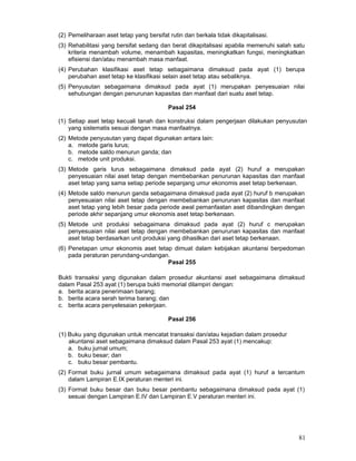 (2) Pemeliharaan aset tetap yang bersifat rutin dan berkala tidak dikapitalisasi.
(3) Rehabilitasi yang bersifat sedang dan berat dikapitalisasi apabila memenuhi salah satu
kriteria menambah volume, menambah kapasitas, meningkatkan fungsi, meningkatkan
efisiensi dan/atau menambah masa manfaat.
(4) Perubahan klasifikasi aset tetap sebagaimana dimaksud pada ayat (1) berupa
perubahan aset tetap ke klasifikasi selain aset tetap atau sebaliknya.
(5) Penyusutan sebagaimana dimaksud pada ayat (1) merupakan penyesuaian nilai
sehubungan dengan penurunan kapasitas dan manfaat dari suatu aset tetap.
Pasal 254
(1) Setiap aset tetap kecuali tanah dan konstruksi dalam pengerjaan dilakukan penyusutan
yang sistematis sesuai dengan masa manfaatnya.
(2) Metode penyusutan yang dapat digunakan antara lain:
a. metode garis lurus;
b. metode saldo menurun ganda; dan
c. metode unit produksi.
(3) Metode garis lurus sebagaimana dimaksud pada ayat (2) huruf a merupakan
penyesuaian nilai aset tetap dengan membebankan penurunan kapasitas dan manfaat
aset tetap yang sama setiap periode sepanjang umur ekonomis aset tetap berkenaan.
(4) Metode saldo menurun ganda sebagaimana dimaksud pada ayat (2) huruf b merupakan
penyesuaian nilai aset tetap dengan membebankan penurunan kapasitas dan manfaat
aset tetap yang lebih besar pada periode awal pemanfaatan aset dibandingkan dengan
periode akhir sepanjang umur ekonomis aset tetap berkenaan.
(5) Metode unit produksi sebagaimana dimaksud pada ayat (2) huruf c merupakan
penyesuaian nilai aset tetap dengan membebankan penurunan kapasitas dan manfaat
aset tetap berdasarkan unit produksi yang dihasilkan dari aset tetap berkenaan.
(6) Penetapan umur ekonomis aset tetap dimuat dalam kebijakan akuntansi berpedoman
pada peraturan perundang-undangan.
Pasal 255
Bukti transaksi yang digunakan dalam prosedur akuntansi aset sebagaimana dimaksud
dalam Pasal 253 ayat (1) berupa bukti memorial dilampiri dengan:
a. berita acara penerimaan barang;
b. berita acara serah terima barang; dan
c. berita acara penyelesaian pekerjaan.
Pasal 256
(1) Buku yang digunakan untuk mencatat transaksi dan/atau kejadian dalam prosedur
akuntansi aset sebagaimana dimaksud dalam Pasal 253 ayat (1) mencakup:
a. buku jurnal umum;
b. buku besar; dan
c. buku besar pembantu.
(2) Format buku jurnal umum sebagaimana dimaksud pada ayat (1) huruf a tercantum
dalam Lampiran E.IX peraturan menteri ini.
(3) Format buku besar dan buku besar pembantu sebagaimana dimaksud pada ayat (1)
sesuai dengan Lampiran E.IV dan Lampiran E.V peraturan menteri ini.

81

 