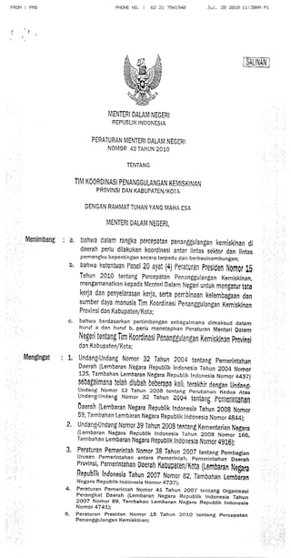 Permendagri no 42 tentang tkpk provinsi, kabupaten, kota
