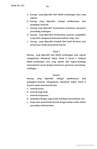 2016, No. 547 -10-
a. barang yang diperoleh dari hibah/sumbangan atau yang
sejenis;
b. barang yang diperoleh sebagai pelaksanaan dari
perjanjian/kontrak;
c. barang yang diperoleh berdasarkan ketentuan peraturan
perundang-undangan;
d. barang yang diperoleh berdasarkan putusan pengadilan
yang telah mempunyai kekuatan hukum tetap; atau
e. barang yang diperoleh kembali dari hasil divestasi atas
penyertaan modal pemerintah daerah.
Pasal 7
Barang yang diperoleh dari hibah/sumbangan atau sejenis
sebagaimana dimaksud dalam Pasal 6 huruf a meliputi
hibah/sumbangan atau yang sejenis dari negara/lembaga
internasional sesuai dengan ketentuan peraturan perundang-
undangan.
Pasal 8
Barang yang diperoleh sebagai pelaksanaan dari
perjanjian/kontrak sebagaimana dimaksud dalam Pasal 6
huruf b antara lain berasal dari:
a. kontrak karya;
b. kontrak bagi hasil;
c. kontrak kerjasama;
d. perjanjian dengan negara lain/lembaga internasional; dan
e. kerja sama pemerintah daerah dengan badan usaha dalam
penyediaan infrastruktur.
www.peraturan.go.id
 