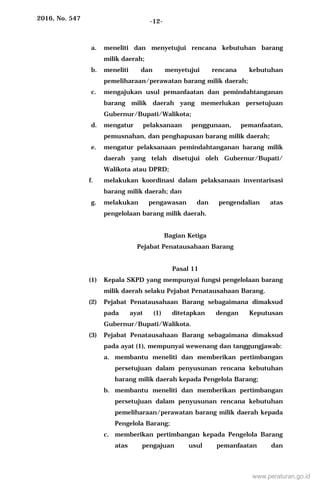 2016, No. 547 -12-
a. meneliti dan menyetujui rencana kebutuhan barang
milik daerah;
b. meneliti dan menyetujui rencana kebutuhan
pemeliharaan/perawatan barang milik daerah;
c. mengajukan usul pemanfaatan dan pemindahtanganan
barang milik daerah yang memerlukan persetujuan
Gubernur/Bupati/Walikota;
d. mengatur pelaksanaan penggunaan, pemanfaatan,
pemusnahan, dan penghapusan barang milik daerah;
e. mengatur pelaksanaan pemindahtanganan barang milik
daerah yang telah disetujui oleh Gubernur/Bupati/
Walikota atau DPRD;
f. melakukan koordinasi dalam pelaksanaan inventarisasi
barang milik daerah; dan
g. melakukan pengawasan dan pengendalian atas
pengelolaan barang milik daerah.
Bagian Ketiga
Pejabat Penatausahaan Barang
Pasal 11
(1) Kepala SKPD yang mempunyai fungsi pengelolaan barang
milik daerah selaku Pejabat Penatausahaan Barang.
(2) Pejabat Penatausahaan Barang sebagaimana dimaksud
pada ayat (1) ditetapkan dengan Keputusan
Gubernur/Bupati/Walikota.
(3) Pejabat Penatausahaan Barang sebagaimana dimaksud
pada ayat (1), mempunyai wewenang dan tanggungjawab:
a. membantu meneliti dan memberikan pertimbangan
persetujuan dalam penyusunan rencana kebutuhan
barang milik daerah kepada Pengelola Barang;
b. membantu meneliti dan memberikan pertimbangan
persetujuan dalam penyusunan rencana kebutuhan
pemeliharaan/perawatan barang milik daerah kepada
Pengelola Barang;
c. memberikan pertimbangan kepada Pengelola Barang
atas pengajuan usul pemanfaatan dan
www.peraturan.go.id
 