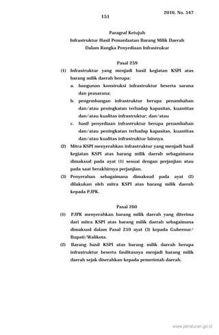 2016, No. 547
151
Paragraf Ketujuh
Infrastruktur Hasil Pemanfaatan Barang Milik Daerah
Dalam Rangka Penyediaan Infrastrukur
Pasal 259
(1) Infrastruktur yang menjadi hasil kegiatan KSPI atas
barang milik daerah berupa:
a. bangunan konstruksi infrastruktur beserta sarana
dan prasarana;
b. pengembangan infrastruktur berupa penambahan
dan/atau peningkatan terhadap kapasitas, kuantitas
dan/atau kualitas infrastruktur; dan/atau
c. hasil penyediaan infrastruktur berupa penambahan
dan/atau peningkatan terhadap kapasitas, kuantitas
dan/atau kualitas infrastruktur lainnya.
(2) Mitra KSPI menyerahkan infrastruktur yang menjadi hasil
kegiatan KSPI atas barang milik daerah sebagaimana
dimaksud pada ayat (1) sesuai dengan perjanjian atau
pada saat berakhirnya perjanjian.
(3) Penyerahan sebagaimana dimaksud pada ayat (2)
dilakukan oleh mitra KSPI atas barang milik daerah
kepada PJPK.
Pasal 260
(1) PJPK menyerahkan barang milik daerah yang diterima
dari mitra KSPI atas barang milik daerah sebagaimana
dimaksud dalam Pasal 259 ayat (3) kepada Gubernur/
Bupati/Walikota.
(2) Barang hasil KSPI atas barang milik daerah berupa
infrastruktur beserta fasilitasnya menjadi barang milik
daerah sejak diserahkan kepada pemerintah daerah.
www.peraturan.go.id
 