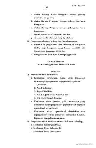 2016, No. 547
169
c. daftar Barang Kuasa Pengguna berupa gedung
dan/atau bangunan;
d. daftar Barang Pengguna berupa gedung dan/atau
bangunan;
e. daftar Barang Pengelola berupa gedung dan/atau
bangunan;
f. Berita Acara Serah Terima (BAST); dan
g. dokumen terkait lainnya yang diperlukan.
(5) Pengamanan hukum gedung dan/atau bangunan:
a. melakukan pengurusan Izin Mendirikan Bangunan
(IMB), bagi bangunan yang belum memiliki Izin
Mendirikan Bangunan (IMB); dan
b. mengusulkan penetapan status penggunaan
Paragraf Keempat
Tata Cara Pengamanan Kendaraan Dinas
Pasal 304
(1) Kendaraan dinas terdiri dari:
a. Kendaraan perorangan dinas, yaitu kendaraan
bermotor yang digunakan bagi pemangku jabatan:
1. Gubernur;
2. Wakil Gubernur;
3. Bupati/Walikota;
4. Wakil Bupati/Wakil Walikota; dan
5. Sekretaris Daerah Provinsi.
b. Kendaraan dinas jabatan, yaitu kendaraan yang
disediakan dan dipergunakan pejabat untuk kegiatan
operasional perkantoran;
c. Kendaraan dinas operasional disediakan dan
dipergunakan untuk pelayanan operasional khusus,
lapangan, dan pelayanan umum.
(2) Pengamanan fisik kendaraan dinas dilakukan terhadap:
a. Kendaraan Perorangan Dinas;
b. Kendaraan Dinas Jabatan; dan
c. Kendaraan Dinas Operasional.
www.peraturan.go.id
 
