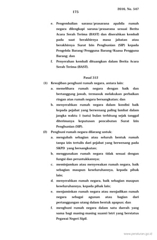 2016, No. 547
175
e. Pengembalian sarana/prasarana apabila rumah
negara dilengkapi sarana/prasarana sesuai Berita
Acara Serah Terima (BAST) dan diserahkan kembali
pada saat berakhirnya masa jabatan atau
berakhirnya Surat Izin Penghunian (SIP) kepada
Pengelola Barang/Pengguna Barang/Kuasa Pengguna
Barang; dan
f. Penyerahan kembali dituangkan dalam Berita Acara
Serah Terima (BAST).
Pasal 312
(1) Kewajiban penghuni rumah negara, antara lain:
a. memelihara rumah negara dengan baik dan
bertanggung jawab, termasuk melakukan perbaikan
ringan atas rumah negara bersangkutan; dan
b. menyerahkan rumah negara dalam kondisi baik
kepada pejabat yang berwenang paling lambat dalam
jangka waktu 1 (satu) bulan terhitung sejak tanggal
diterimanya keputusan pencabutan Surat Izin
Penghunian (SIP).
(2) Penghuni rumah negara dilarang untuk:
a. mengubah sebagian atau seluruh bentuk rumah
tanpa izin tertulis dari pejabat yang berwenang pada
SKPD yang bersangkutan;
b. menggunakan rumah negara tidak sesuai dengan
fungsi dan peruntukkannya;
c. meminjamkan atau menyewakan rumah negara, baik
sebagian maupun keseluruhannya, kepada pihak
lain;
d. menyerahkan rumah negara, baik sebagian maupun
keseluruhannya, kepada pihak lain;
e. menjaminkan rumah negara atau menjadikan rumah
negara sebagai agunan atau bagian dari
pertanggungan utang dalam bentuk apapun; dan
f. menghuni rumah negara dalam satu daerah yang
sama bagi masing-masing suami/istri yang berstatus
Pegawai Negeri Sipil.
www.peraturan.go.id
 