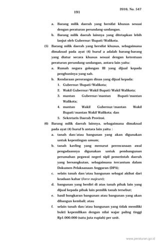 2016, No. 547
191
a. Barang milik daerah yang bersifat khusus sesuai
dengan peraturan perundang-undangan.
b. Barang milik daerah lainnya yang ditetapkan lebih
lanjut oleh Gubernur/Bupati/Walikota.
(5) Barang milik daerah yang bersifat khusus, sebagaimana
dimaksud pada ayat (4) huruf a adalah barang-barang
yang diatur secara khusus sesuai dengan ketentuan
peraturan perundang-undangan, antara lain yaitu:
a. Rumah negara golongan III yang dijual kepada
penghuninya yang sah.
b. Kendaraan perorangan dinas yang dijual kepada:
1. Gubernur/Bupati/Walikota;
2. Wakil Gubernur/Wakil Bupati/Wakil Walikota;
3. mantan Gubernur/mantan Bupati/mantan
Walikota;
4. mantan Wakil Gubernur/mantan Wakil
Bupati/mantan Wakil Walikota; dan
5. Sekretaris Daerah Provinsi.
(6) Barang milik daerah lainnya, sebagaimana dimaksud
pada ayat (4) huruf b antara lain yaitu :
a. tanah dan/atau bangunan yang akan digunakan
untuk kepentingan umum;
b. tanah kavling yang menurut perencanaan awal
pengadaannya digunakan untuk pembangunan
perumahan pegawai negeri sipil pemerintah daerah
yang bersangkutan, sebagaimana tercantum dalam
Dokumen Pelaksanaan Anggaran (DPA);
c. selain tanah dan/atau bangunan sebagai akibat dari
keadaan kahar (force majeure);
d. bangunan yang berdiri di atas tanah pihak lain yang
dijual kepada pihak lain pemilik tanah tersebut;
e. hasil bongkaran bangunan atau bangunan yang akan
dibangun kembali; atau
f. selain tanah dan/atau bangunan yang tidak memiliki
bukti kepemilikan dengan nilai wajar paling tinggi
Rp1.000.000 (satu juta rupiah) per unit.
www.peraturan.go.id
 