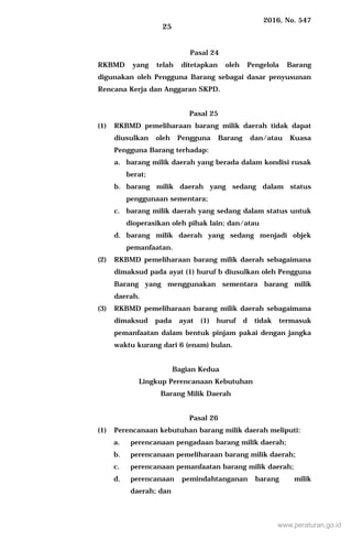2016, No. 547
25
Pasal 24
RKBMD yang telah ditetapkan oleh Pengelola Barang
digunakan oleh Pengguna Barang sebagai dasar penyusunan
Rencana Kerja dan Anggaran SKPD.
Pasal 25
(1) RKBMD pemeliharaan barang milik daerah tidak dapat
diusulkan oleh Pengguna Barang dan/atau Kuasa
Pengguna Barang terhadap:
a. barang milik daerah yang berada dalam kondisi rusak
berat;
b. barang milik daerah yang sedang dalam status
penggunaan sementara;
c. barang milik daerah yang sedang dalam status untuk
dioperasikan oleh pihak lain; dan/atau
d. barang milik daerah yang sedang menjadi objek
pemanfaatan.
(2) RKBMD pemeliharaan barang milik daerah sebagaimana
dimaksud pada ayat (1) huruf b diusulkan oleh Pengguna
Barang yang menggunakan sementara barang milik
daerah.
(3) RKBMD pemeliharaan barang milik daerah sebagaimana
dimaksud pada ayat (1) huruf d tidak termasuk
pemanfaatan dalam bentuk pinjam pakai dengan jangka
waktu kurang dari 6 (enam) bulan.
Bagian Kedua
Lingkup Perencanaan Kebutuhan
Barang Milik Daerah
Pasal 26
(1) Perencanaan kebutuhan barang milik daerah meliputi:
a. perencanaan pengadaan barang milik daerah;
b. perencanaan pemeliharaan barang milik daerah;
c. perencanaan pemanfaatan barang milik daerah;
d. perencanaan pemindahtanganan barang milik
daerah; dan
www.peraturan.go.id
 