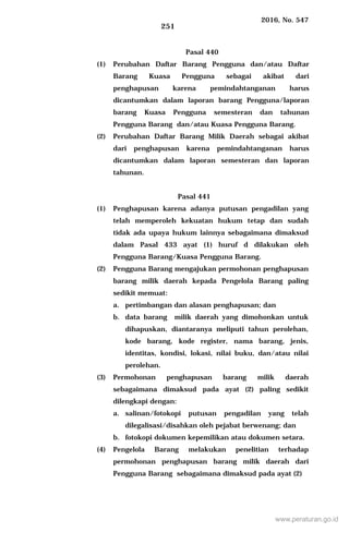 2016, No. 547
251
Pasal 440
(1) Perubahan Daftar Barang Pengguna dan/atau Daftar
Barang Kuasa Pengguna sebagai akibat dari
penghapusan karena pemindahtanganan harus
dicantumkan dalam laporan barang Pengguna/laporan
barang Kuasa Pengguna semesteran dan tahunan
Pengguna Barang dan/atau Kuasa Pengguna Barang.
(2) Perubahan Daftar Barang Milik Daerah sebagai akibat
dari penghapusan karena pemindahtanganan harus
dicantumkan dalam laporan semesteran dan laporan
tahunan.
Pasal 441
(1) Penghapusan karena adanya putusan pengadilan yang
telah memperoleh kekuatan hukum tetap dan sudah
tidak ada upaya hukum lainnya sebagaimana dimaksud
dalam Pasal 433 ayat (1) huruf d dilakukan oleh
Pengguna Barang/Kuasa Pengguna Barang.
(2) Pengguna Barang mengajukan permohonan penghapusan
barang milik daerah kepada Pengelola Barang paling
sedikit memuat:
a. pertimbangan dan alasan penghapusan; dan
b. data barang milik daerah yang dimohonkan untuk
dihapuskan, diantaranya meliputi tahun perolehan,
kode barang, kode register, nama barang, jenis,
identitas, kondisi, lokasi, nilai buku, dan/atau nilai
perolehan.
(3) Permohonan penghapusan barang milik daerah
sebagaimana dimaksud pada ayat (2) paling sedikit
dilengkapi dengan:
a. salinan/fotokopi putusan pengadilan yang telah
dilegalisasi/disahkan oleh pejabat berwenang; dan
b. fotokopi dokumen kepemilikan atau dokumen setara.
(4) Pengelola Barang melakukan penelitian terhadap
permohonan penghapusan barang milik daerah dari
Pengguna Barang sebagaimana dimaksud pada ayat (2)
www.peraturan.go.id
 